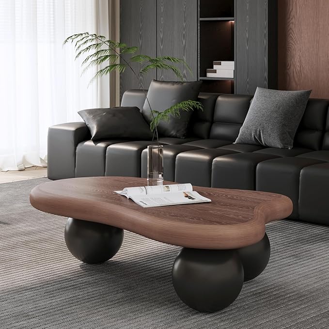 47.2” French Country Rustic Cloud Coffee Table with 3 Ball Legs, Farmhouse Irregular Center Table for Living Room, Low Cute Small MDF Tea Table for Bedroom, Apartment-Walnut Black