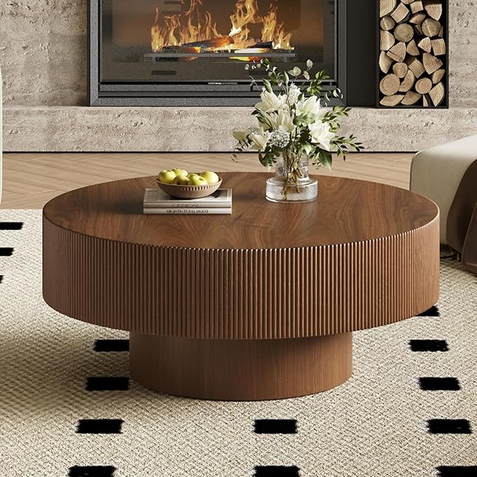 Merax Modern Round Coffee Table with Sturdy Base, Wood Sofa Center Tables for Living Room, Reception Room, Easy Assemble, Walnut