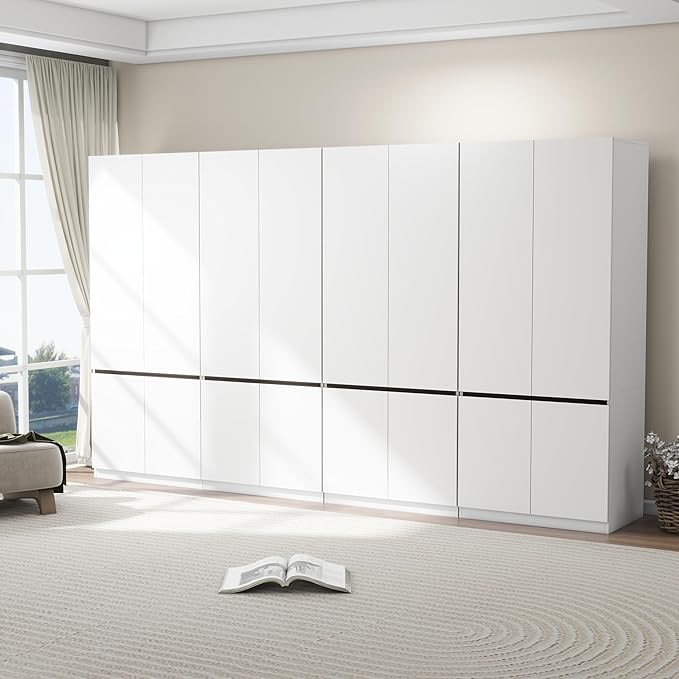 Bedroom Armoire Wardrobe Closet with 8 Doors: 75" White Wardrobe Cabinet for Clothes, Wooden Closet with Hanging Rod, Modern Armoire with Shelves (4)
