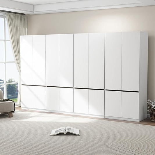 Bedroom Armoire Wardrobe Closet with 8 Doors: 75" White Wardrobe Cabinet for Clothes, Wooden Closet with Hanging Rod, Modern Armoire with Shelves (4)