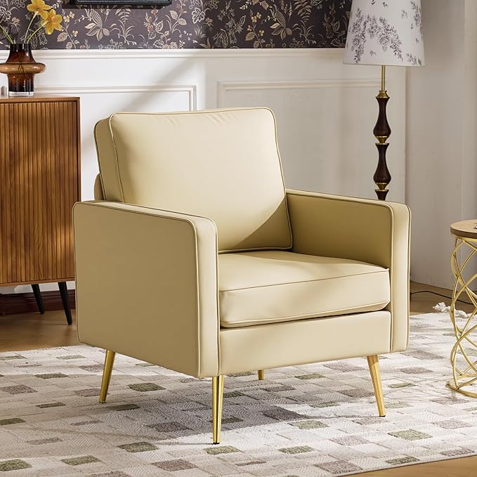 VINGLI Modern PU Leather Accent Chair, Single Sofa Chair with Pocket Coil Seat, Metal Backrest & Solid Wood Frame, Upholstered Armchair for Living Room, Bedroom or Office