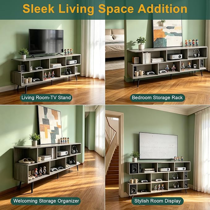 65" American Walnut TV Stand with Power Outlet,Large Media Console Table for TVs up to 75" with 8 Open Shelves,Entertainment Center for Living Room/Entrance/Kitchen/Sofa Cabinet,Easy Assembly - Image 8