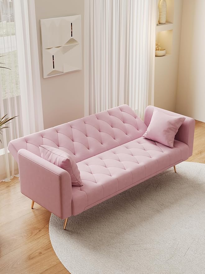 KEIKI 71 INCH Loveseat Sofa with Adjustable Backrest, Upholstered 2 Seater Velvet Couch for Living Room Bedroom Office Apartment, Pink