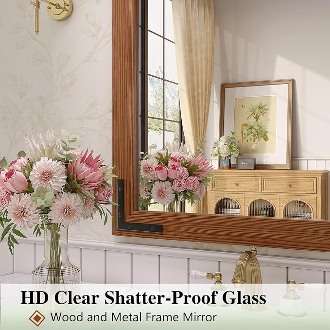 Farmhouse Bathroom Mirror, 24x36 Inch Brown Vanity Mirror for Wall, Wood Framed Rustic Mirror Rectangular Wall Decor Mirrors for Entryway Living Room Bedroom - Image 4