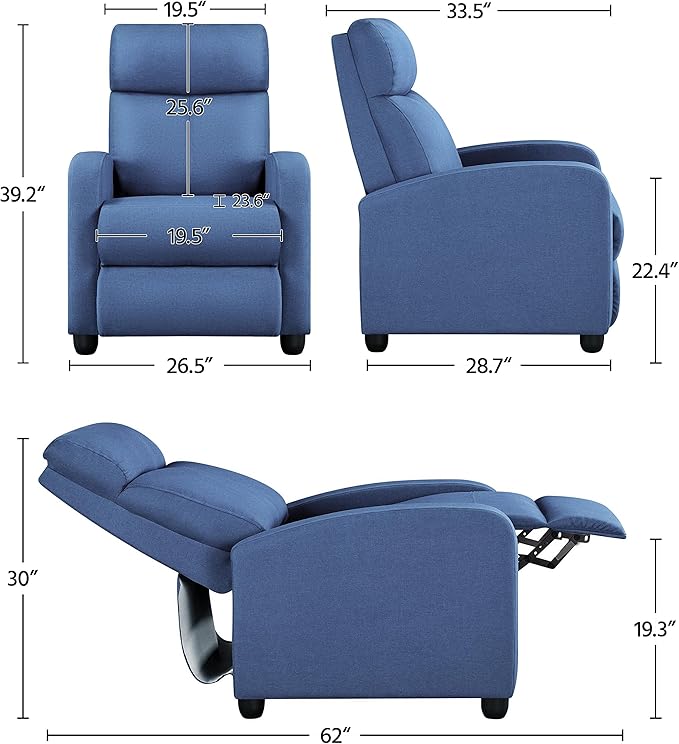Topeakmart Fabric Recliner Sofa Push Back Recliner Chair Adjustable Modern Single Reclining Chair Upholstered Sofa with Pocket Spring Living Room Bedroom Home Theater Light Blue