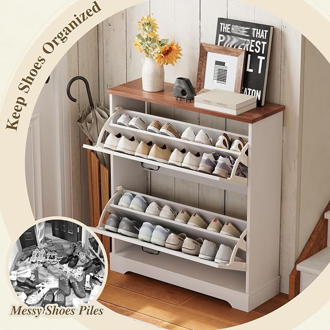 Semiocthome Farmhouse Shoe Storage Cabinet with 2 Flip Drawers, 31.5"(W) Freestanding Shoe Organizer with Barn Door and Metal Handles for Entryway, Rustic Narrow Slim Shoe Rack Cabinet - White - Image 5