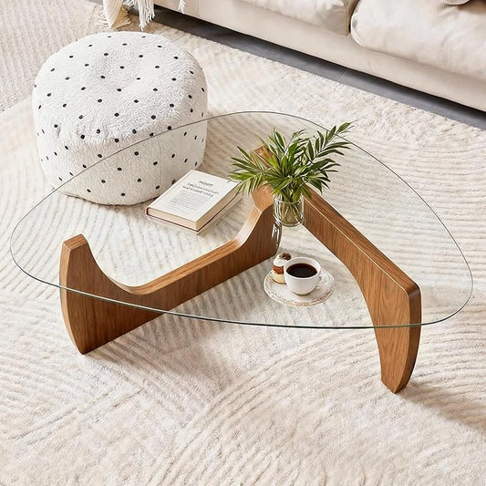 Modern Glass Coffee Table, 45in Large Mid Century Coffee Table, Unique Wooden Triangle Center Tables with Wood Legs, for Bedroom Living Room Reception Office(Walnut Transparent, 45in)