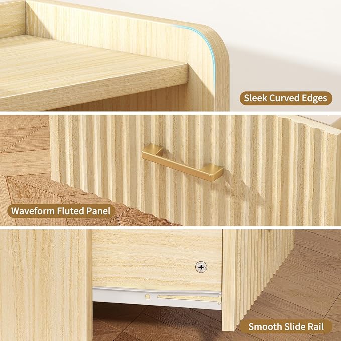 Night Stand with Charger Station, Fluted Wood Nightstand with Drawer Storage, Modern Bedside Table, Wide Nightstands for Bedroom, Mid Century Wooden Night Stands for Home Office Sofa Couch - Image 6