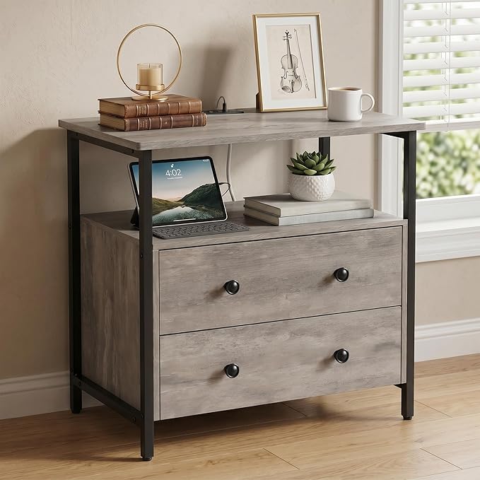 Edbuosy 27 inch Wide Night Stand with Charging Station, Bedside Table with Open Shelf, 2 Drawers Small Wood Dresser, Modern Wood Nightstand for Bedroom/Living Room (Rustic Gray) by Edbuosy
