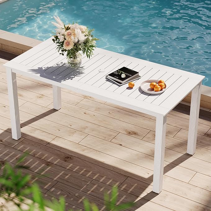 YEFU Outdoor Dining Table for 6: All Weather Rectangular Patio Table with Umbrella Hole and Aluminum Frame - Outdoor Furniture for Outside Backyard/Garden/Pool/Porch/Deck, 300lbs Capacity, White by YEFU