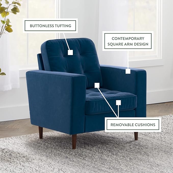Edenbrook Lynnwood Upholstered Accent Chair - Living Room Furniture - Office - Bedroom - Mid-Century Modern Design - Armchair - Buttonless Tufting - Simple Assembly - Solid Frame - Navy Velvet
