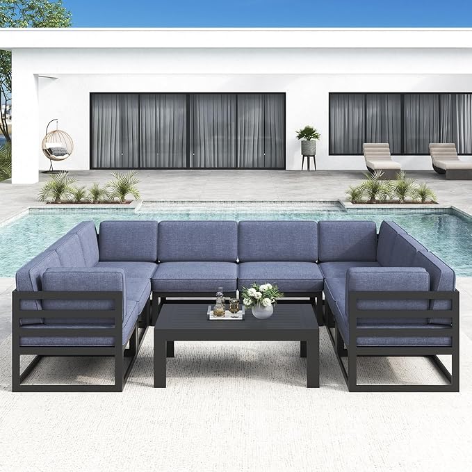 LayinSun Large Aluminum Patio Furniture Set, 9 Pieces Modern Outdoor Conversation Set Sectional Metal Sofa Set with Olefin Cushion