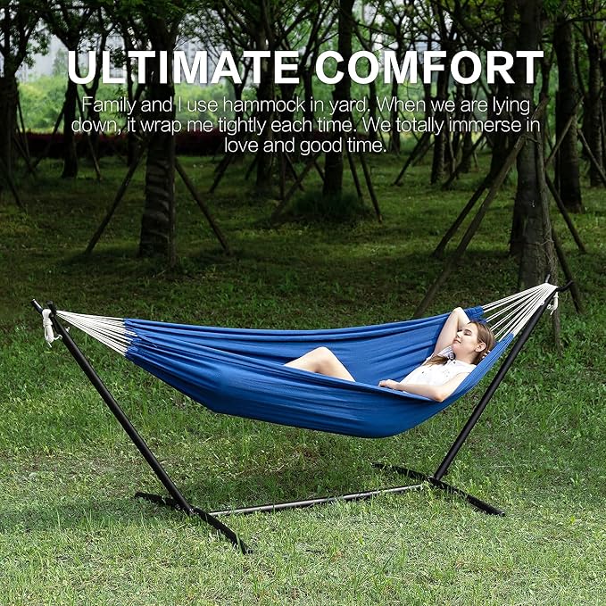 PNAEUT Double Hammocks with Stand for Outside, Portable Space Saving Heavy-Duty Steel Stand for Indoor Outdoor Patio with Carrying Bag, 450 lbs Capacity (Navy) - Image 2