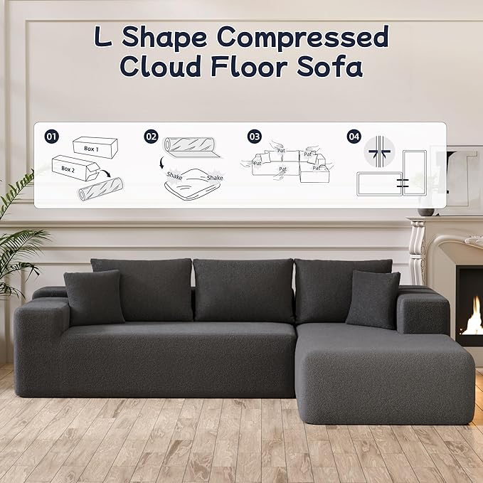 104” Sectional Cloud Couch, L-Shape Compressed Sofa with Left Chaise Lounge, Modular Cloud Couch with 2 Pillows & Deep Seat, Rain Drop Velvet Floor Sofa for Living Room, Dark Gray