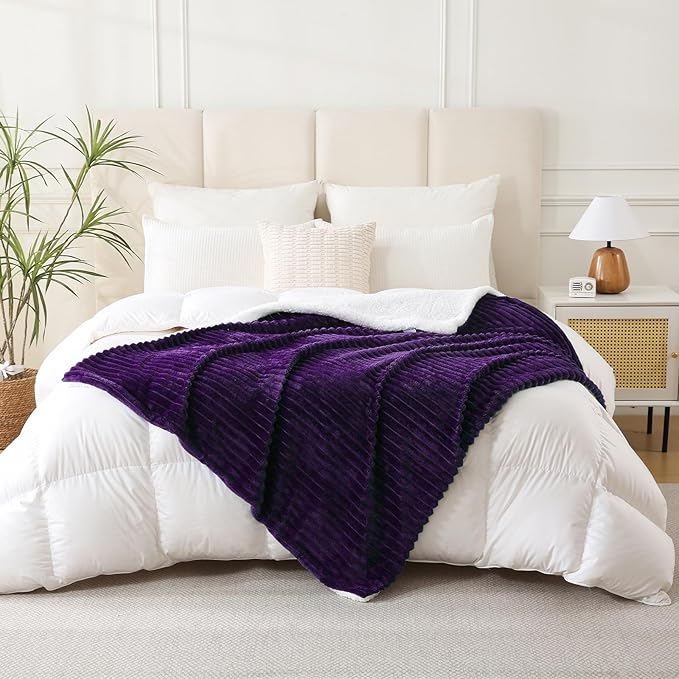 Purple Sherpa Fleece Throw Blanket 50”×60” for Couch Sofa Bed,Super Soft Cozy Plush Double Side Thick Flannel Blanket with Striped Design Lightweight for Adults,Woman,Girls