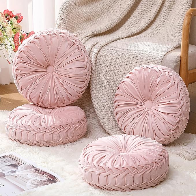 Beeveer 4 Pcs Round Throw Pillows 15 Inch Decorative Velvet Pleated Pumpkin Pillows Boho Floor Pillow with Center Button for Living Room Couch Chair Bed Sofa Home Decoration (Light Pink)