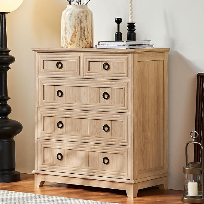 Joaxswe Farmhouse 5 Drawer Dresser for Bedroom Set of 2, 33.2" Tall Small Dressers & Chest of Drawers, Rustic Wood Dresser with Metal Handle, Storage Organizer Closet for Living Room, Hallway,Entryway - Image 4