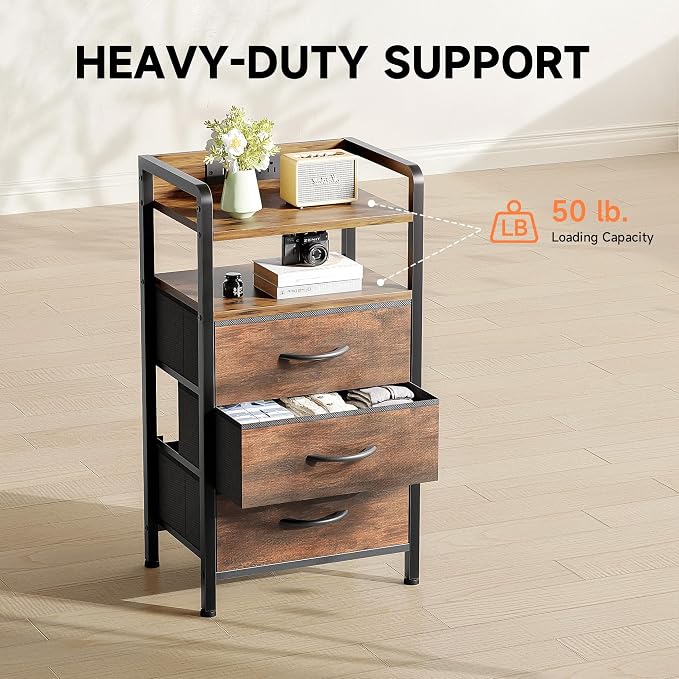 Lazzanto Night Stand Bedside Table Bedroom - Nightstand with Charging Station & LED Light Strip, Bed Side End Table with Storage Shelf & 3 Fabric Drawers, U-S-B Ports & AC Outlets, Rustic Brown - Image 7
