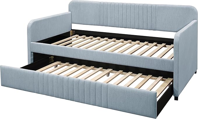 Home Design Amelia Twin Daybed with Pull-Out Trundle, Linen Upholstery, Track Arms, Rounded Backrest with Vertical Channel Tufting, Slat Support, Light Blue