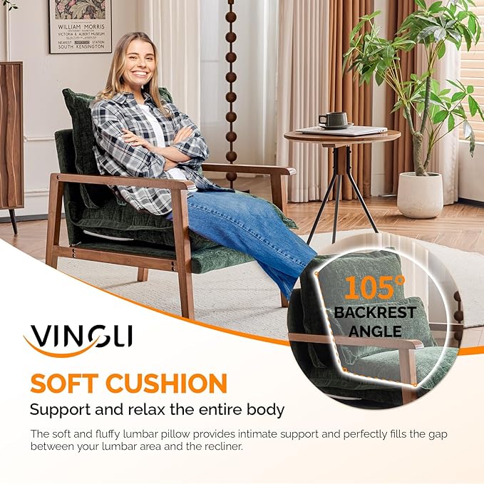 VINGLI Mid-Century Modern Cloud Accent Armchair with Lumbar Pillow, 6.3'' Thick Seat Cushion Comfy Reading Chair with Wooden Armrests，Boho Lounge Chair for Bedroom, Living Room, Chenille, Dark Green