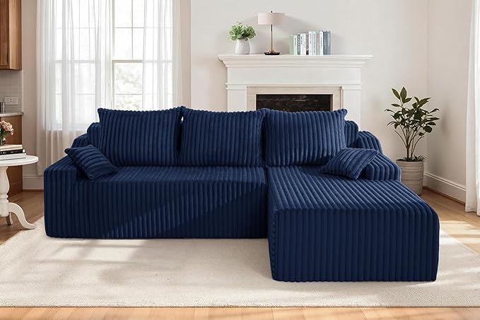 Homguava 94'' Cloud Sectional Couch, Modular L-Shape Couch with Chaise, Boneless Sofa with Deep Seat for Living Room Bedroom,No Assembly Required(Blue,Right Facing Chaise)