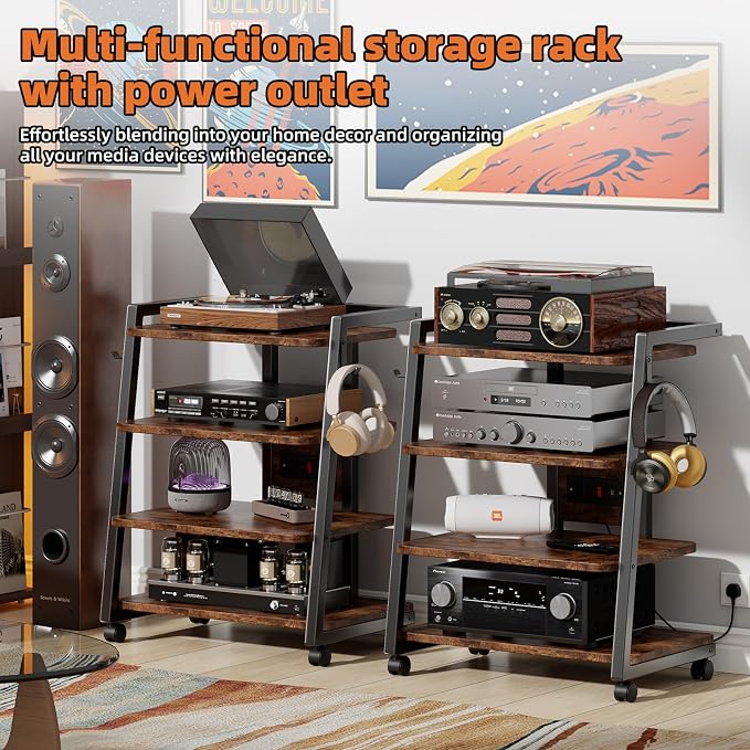 CABTE Mobile AV Media Stand with Outlets and 4 Rolling Caster Wheels, 4-Tier Rolling TV Stand for Gaming Console, Stereo, DVD Player, Sturdy Metal Frame, Versatile Living Room,Bedroom (Retro Brown) - Image 7