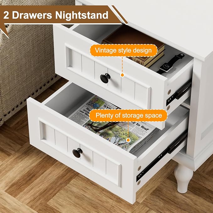 Scurrty Vintage Nightstand, Antique Style End Table with 2 Drawers, Taller Nightstand for Bedroom, Side Table for Bedroom (White, Single) - Image 6