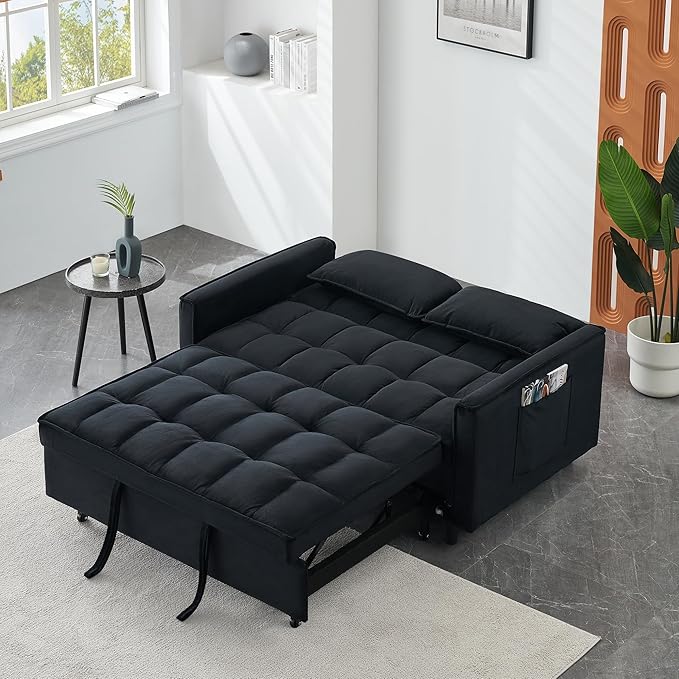 55" Modern Velvet Loveseat Sleeper Sofa, 3-in-1 Convertible Pull-Out Bed with Adjustable Backrest, 2 Pillows & Side Pockets, Small Pull Out Couch for Living Room, Apartment(Black)