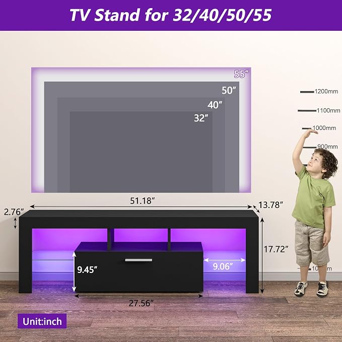 Clikuutory Modern Lighting 51 inch TV Stand with Large Storage Drawer for 32 40 50 55 Inch TVs, TV Console with 20 Color LED Lights, Entertainment Center Media and Open Shelf for Bedroom, Black - Image 6