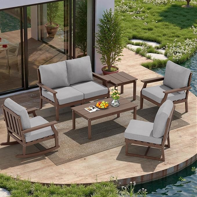 HDPE Patio Conversation Set, 7-Piece All Weather Outdoor Furniture Set with 1 Single Rocking Armchairs for Deck, Lawn, with Cushion, Brown