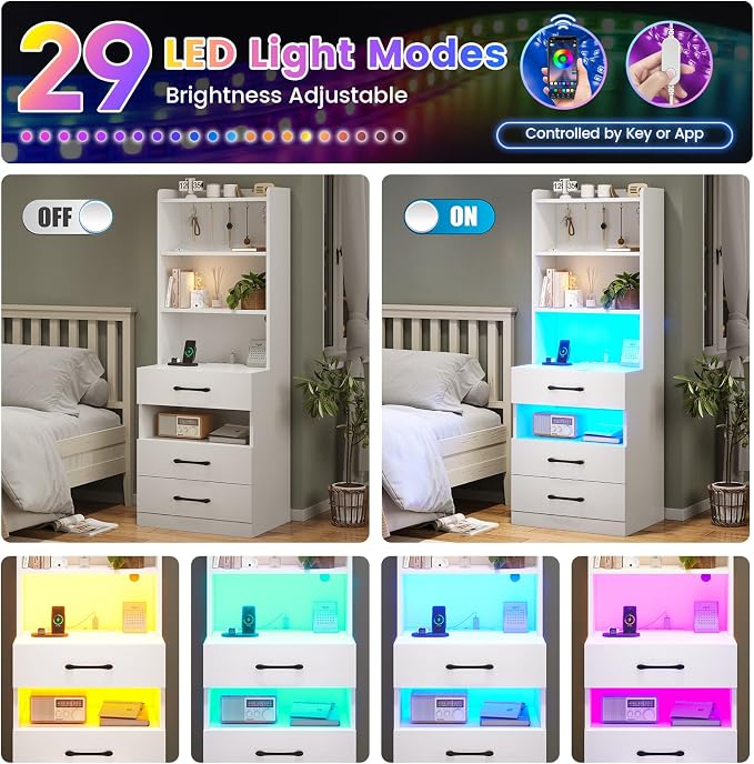 AOGLLATI Tall Nightstand Set of 2 with Charging Station and LED Lights, Night Stand with 3 Drawers and Bookshelf, White Modern Bedside Table with Storage Shelves for Bedroom - Image 4