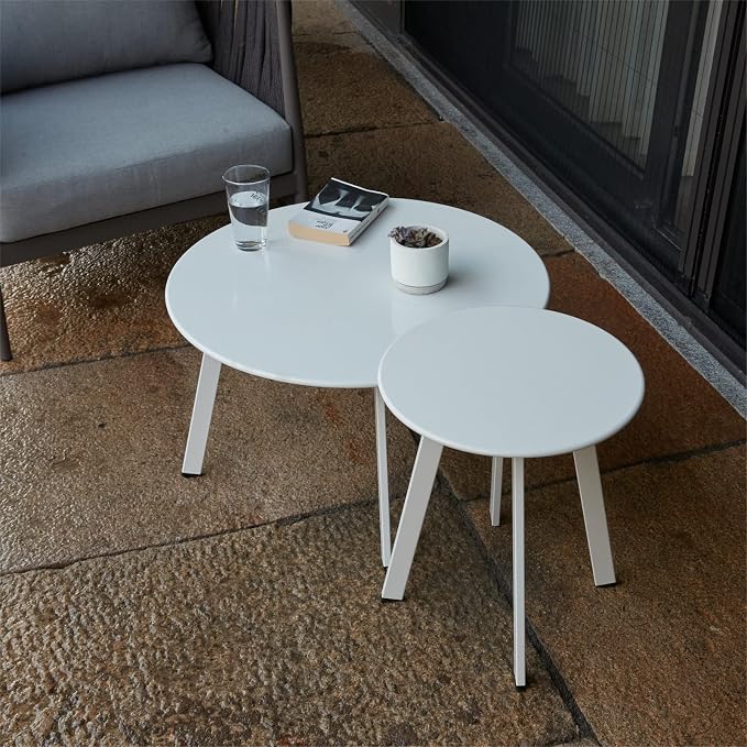 Meluvici Outdoor Patio Coffee Table Set of 2, Weather Resistant End Table, Round Nesting Tables for Living Room Balcony Office, White - Image 2