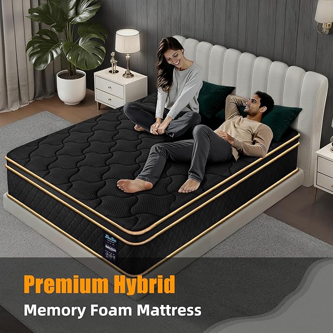 Queen Mattress 12 Inch Queen Size Medium Firm Hybrid Mattress Memory Foam Pocket Steel Springs Matress in a Box for All Sleep Positions Motion Isolation Ensure Comfortable Sleep (Black, Queen 12 INCH)