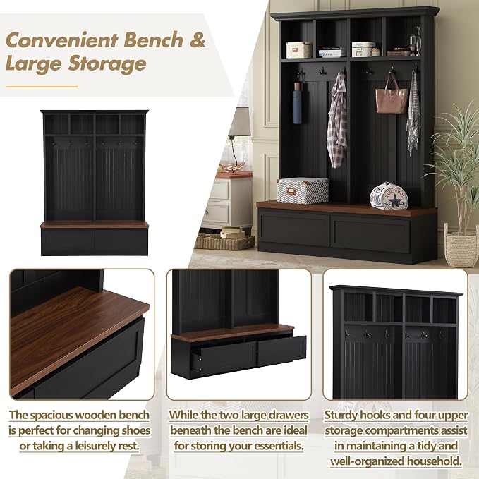 LUMISOL Farmhouse Hall Tree with Storage Bench, 4-in-1 Mudroom Coat Rack with 2 Large Drawer and Open Shelf for Entryway, Hallyway Shoe Cabinet with 6 Hanging Hooks, Black - Image 5