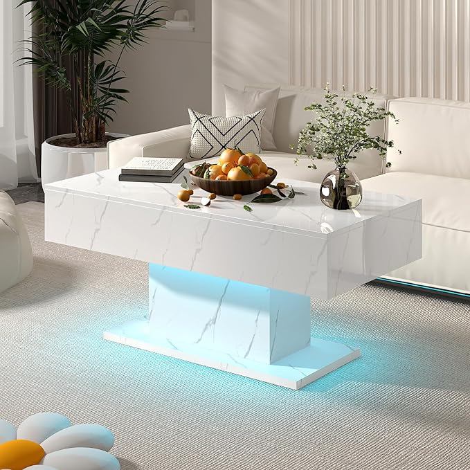 White Marble Led Coffee Table with 2 Storage Drawers for Living Room, Living Room Table Rectangular Center Table, Modern High Glossy Wooden Coffee Tables with Lights for Dining Reception Room