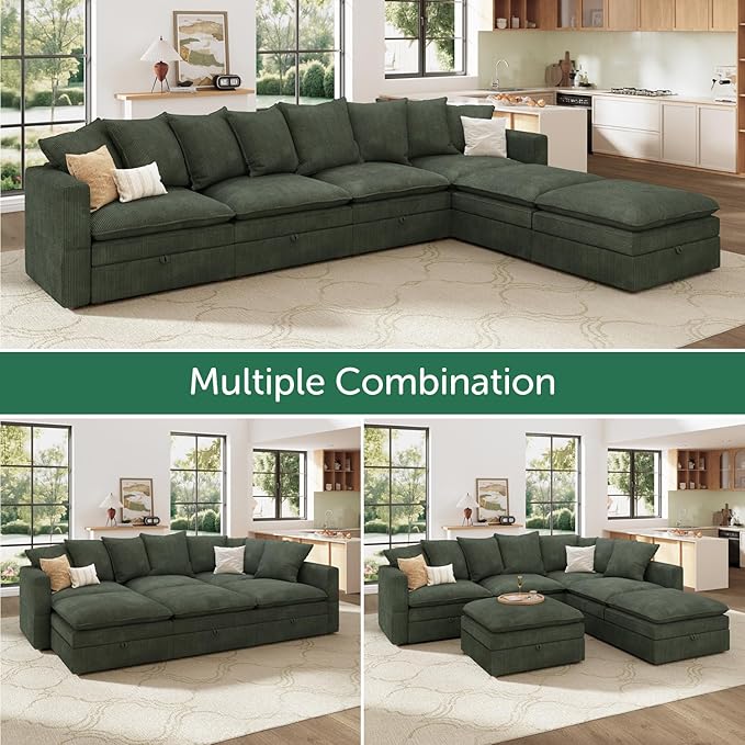HONBAY Modular Sectional Sofa, 137 Inch U Shaped Corduroy Couch with Storage, Convertible Sectional Sofa with Deep Seat, Green