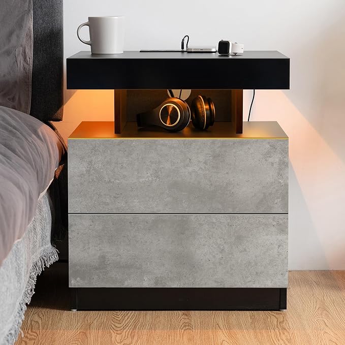 HOMMPA LED Nightstand with Wireless Charging Station & USB Ports High Gloss Bedside Table with LED Light RGB Adjustable Brightness Smart Nightstand 2 Drawers Night Stand for Bedroom Grey - Image 3
