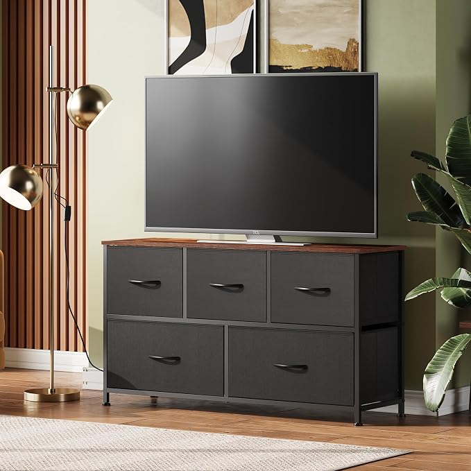 WLIVE Dresser for Bedroom with 5 Drawers, Wide Chest of Drawers, Fabric Dresser, Storage Organizer Unit with Fabric Bins for Closet, Living Room, Hallway, Black and Rustic Brown - Image 2