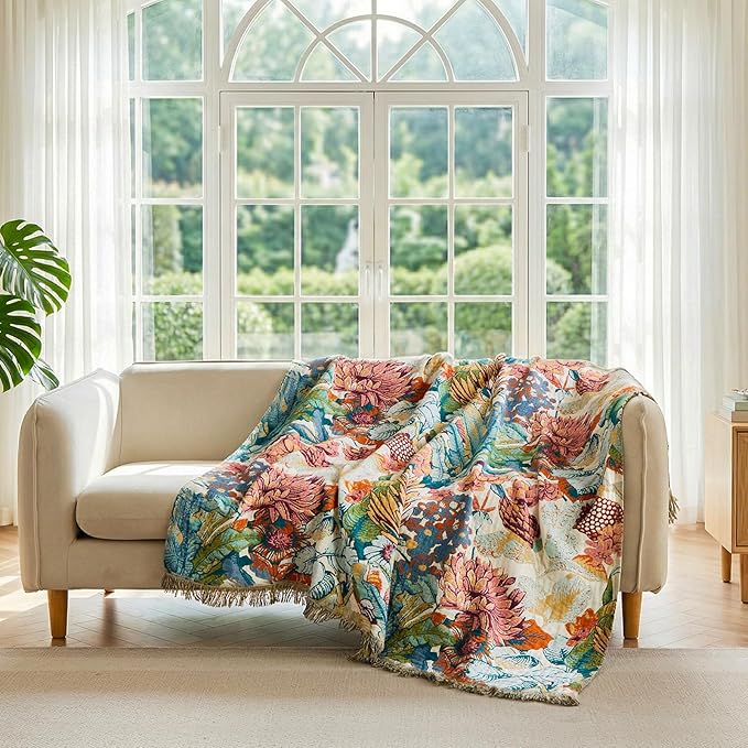 LUTBM Boho Throw Blanket for Bed Cotton Spring Blankets Twin Size for Bedroom Living Room All Season Lightweight Botanical Floral Embroidery Quilt for Couch Sofa Chair 60"x80" Home Decor