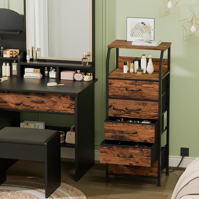 Furnulem 5 Drawers Dresser with Charging Station, Tall Night Stand with Storage Shelf, Fabric Chest of Drawers, Bedside Table for Closet, Entryway, Bedroom Furniture, 3 Ways to Use, Rustic Brown - Image 2