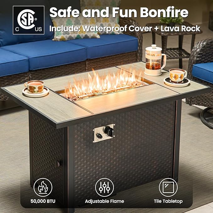 ovios 5-Piece Patio Furniture Set with Swivel Chairs Coffee Table, Outdoor Wicker Sofa with 42" Fire Pit Table, High Back Couch Modern Conversation Sets, Brown/Navy Blue