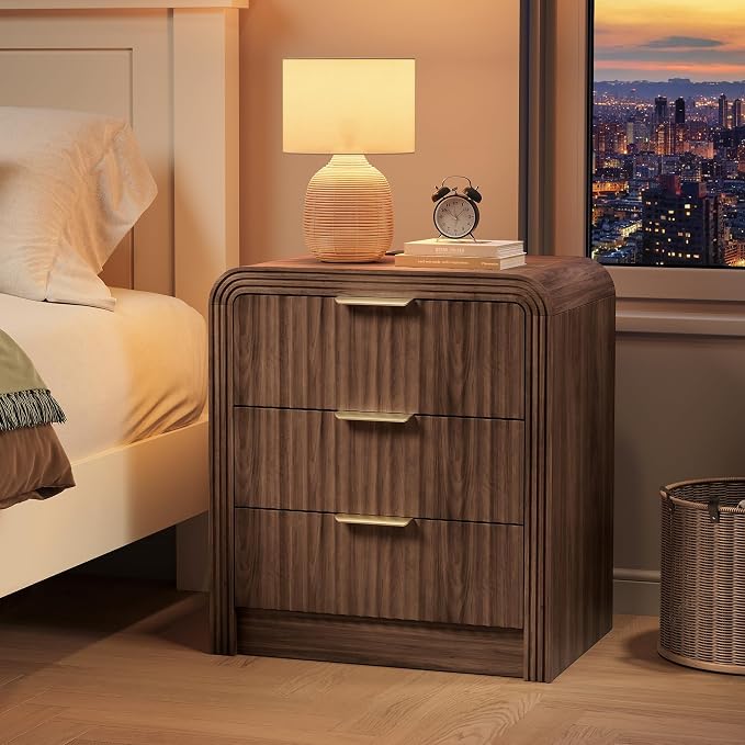 Decofy Fluted Nightstand with Charging Station, Modern Bedroom Side Table with Gold Handles, Curved Profile Design, End Table Wood Organizer for Bedroom, 19.7" & 3 Drawers (2 Pack, Walnut) - Image 7