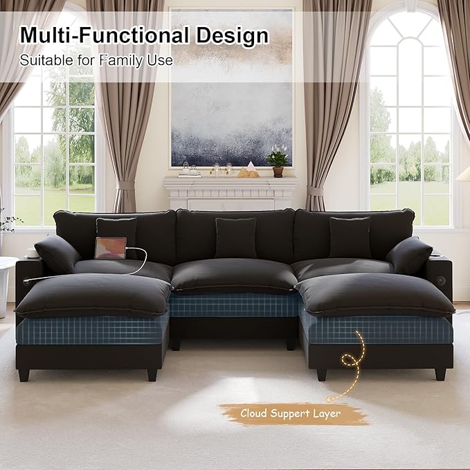 116" Modular Sectional Sofa, U Shaped Cloud Couch with Movable Ottoman, Chenille Deep Seat Cloud Sofa with Charging Station, Cup Holder, Side Pocket, Sectional Couches for Living Room, Black