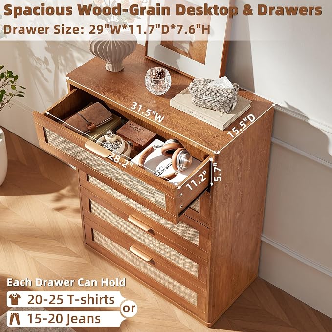 LEYAOYAO Dresser for Bedroom, 41" Tall Chest of Drawers, Modern 5 Drawers Boho Rattan Dressers with Storage, Dresser Wooden Closet Organizer for Living Room, Hallway, Tea Brown - Image 5