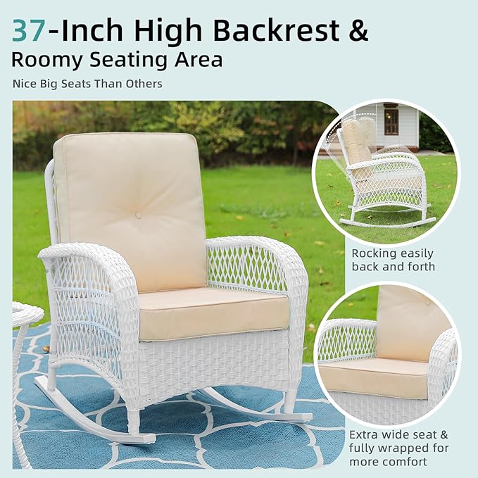 MEETWARM 4 Pieces Outdoor Wicker Patio Conversation Sets with Glider Loveseat, 2 Chairs with Coffee Table Wicker Rocking Chair Set, Patio Furniture Set with Thickened Cushions, White/Beige