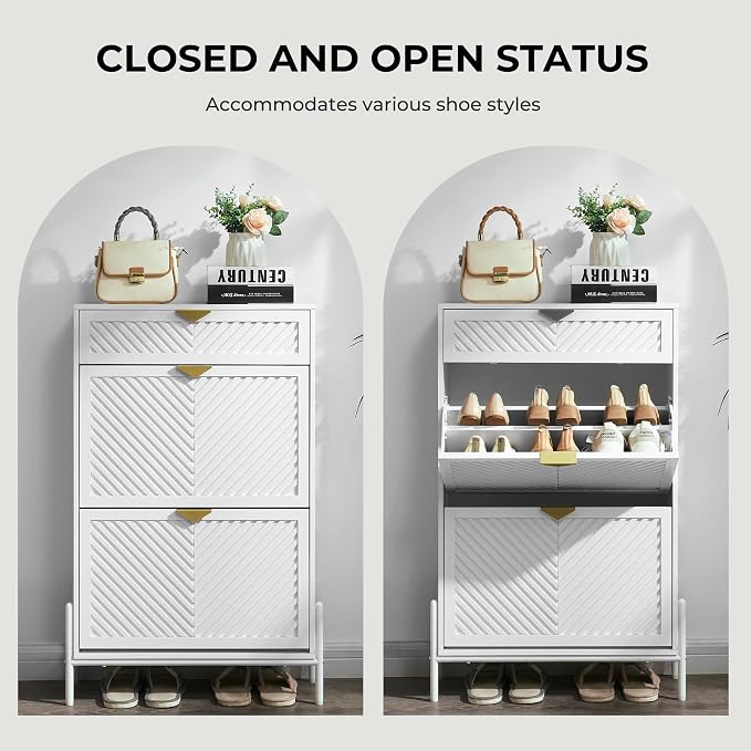 Shoe Cabinet Storage with 2 Flip Drawers, Narrow Hidden Shoes Organizer Cabinet for Entryway, Freestanding Slim Shoe Rack Front Door Entrance(White) - Image 7