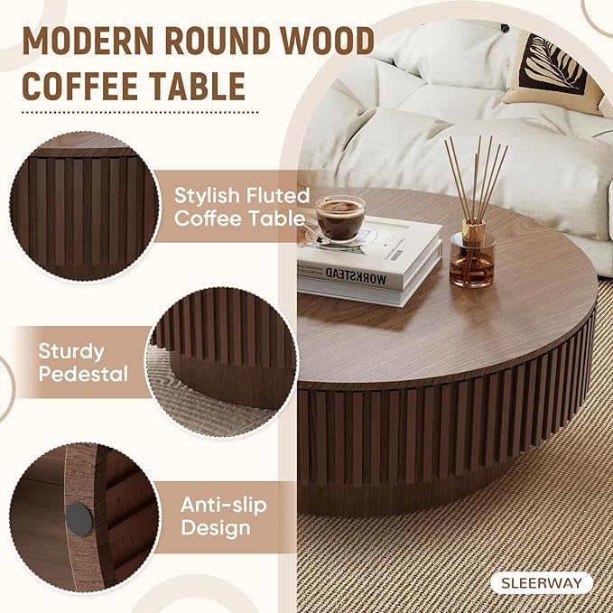 39.37'' Round Coffee Table with Storage, Modern Wooden Fluted Circle Coffee Table Unique Drum Center Table Wood Circular Tea Table for Living Room, Office, Small Apartment, Walnut