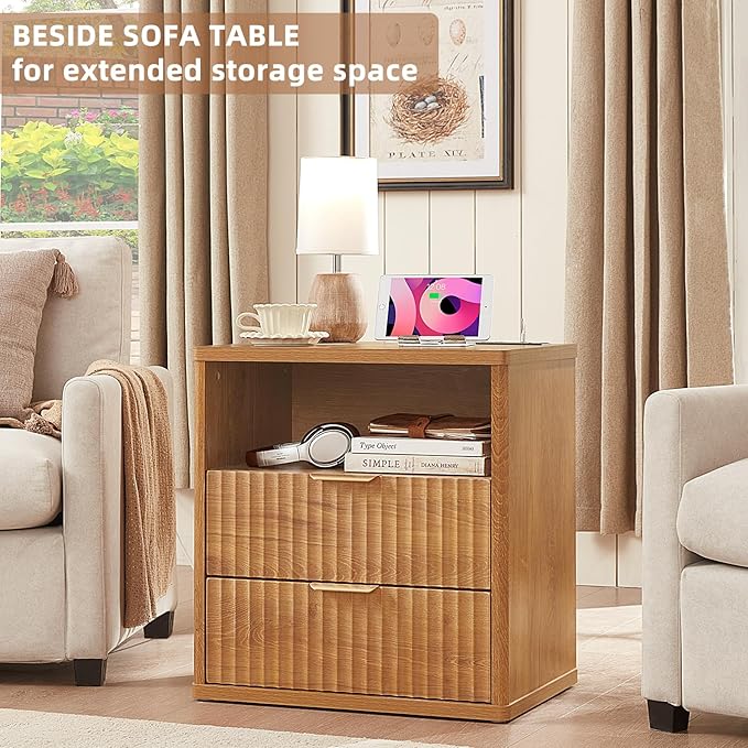 LEYAOYAO Fluted Nightstand with Charging Station, 23" Wide 2 Drawers End Table, Brown Night Stand with Open Storage Cabinet, Farmhouse Bed Side Tables, Wood Dresser for Bedroom, Living Room, Closet - Image 4