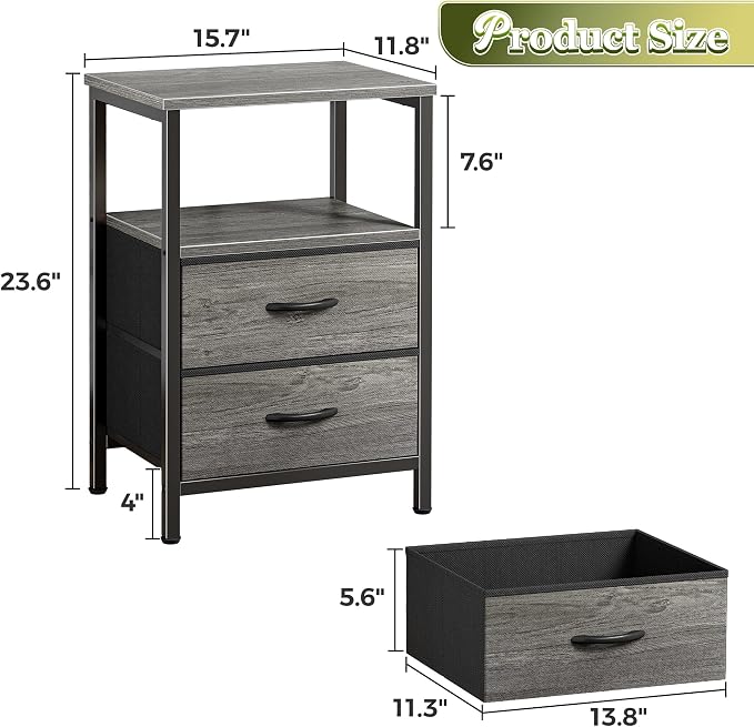 Huuger Night Stand Set of 2, Nightstand with 2 Drawers, Bed Side Table with Open Shelf, Wooden Top, End Table, Fabric Drawer, for Bedroom, Gery - Image 3