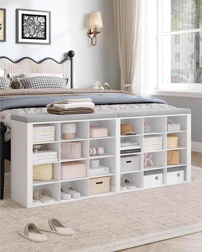 Hzuaneri Shoe Storage Bench with Cushion, Entryway Storage Bench with 24 Cubbies, 9.5" Widened Organizer Cabinet, Long Cubby Rack for Living Room, Bedroom, Entryway, White SB32403GY - Image 8